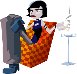 Illustrated woman seated in a checkered chair
